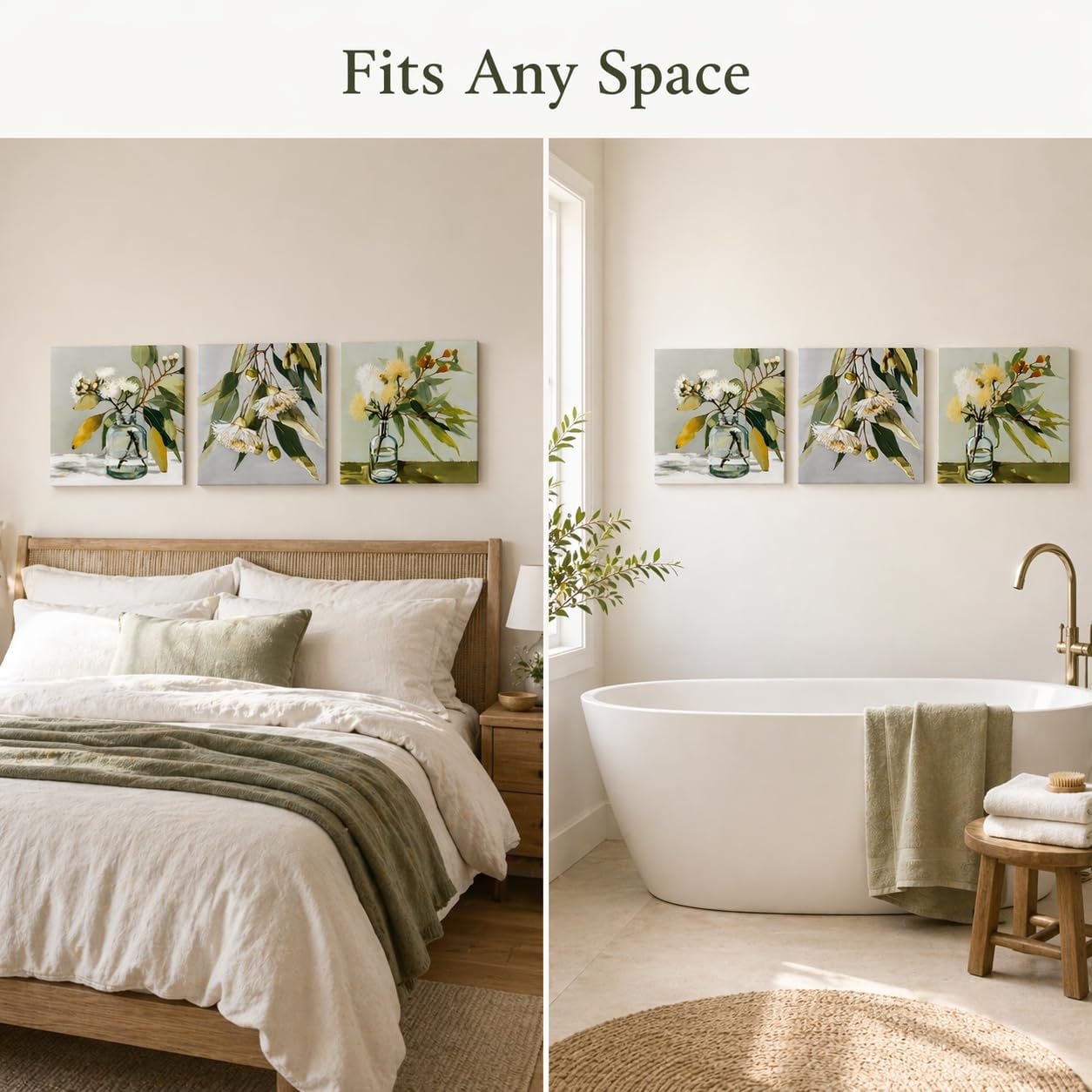 Eucalyptus Botanical Wall Art Set of 3, 12x12 Inch Canvas Prints, Minimalist Green Floral Artwork, Modern Farmhouse Bathroom Bedroom Living Room Decor, Framed Ready to Hang (Eucalyptus Green )
