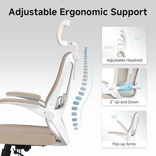 Miniatura 4 de Silla de oficina ergonómica con soporte lumbar ajustable y reposabrazos abatibles, silla de escritorio de computadora de respaldo alto con cojín de
