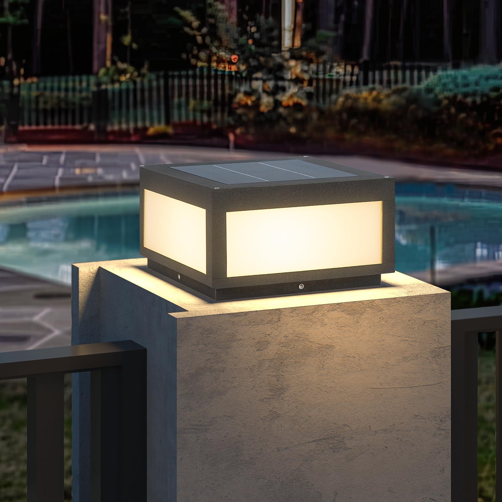 Outdoor Solar Post Light Modern LED Fence Deck Cap Light Solar Pillar Column Lamp for Flat Surface Patio Garden Decoration with IP65 Waterproof E26 Bulb(10"x10")