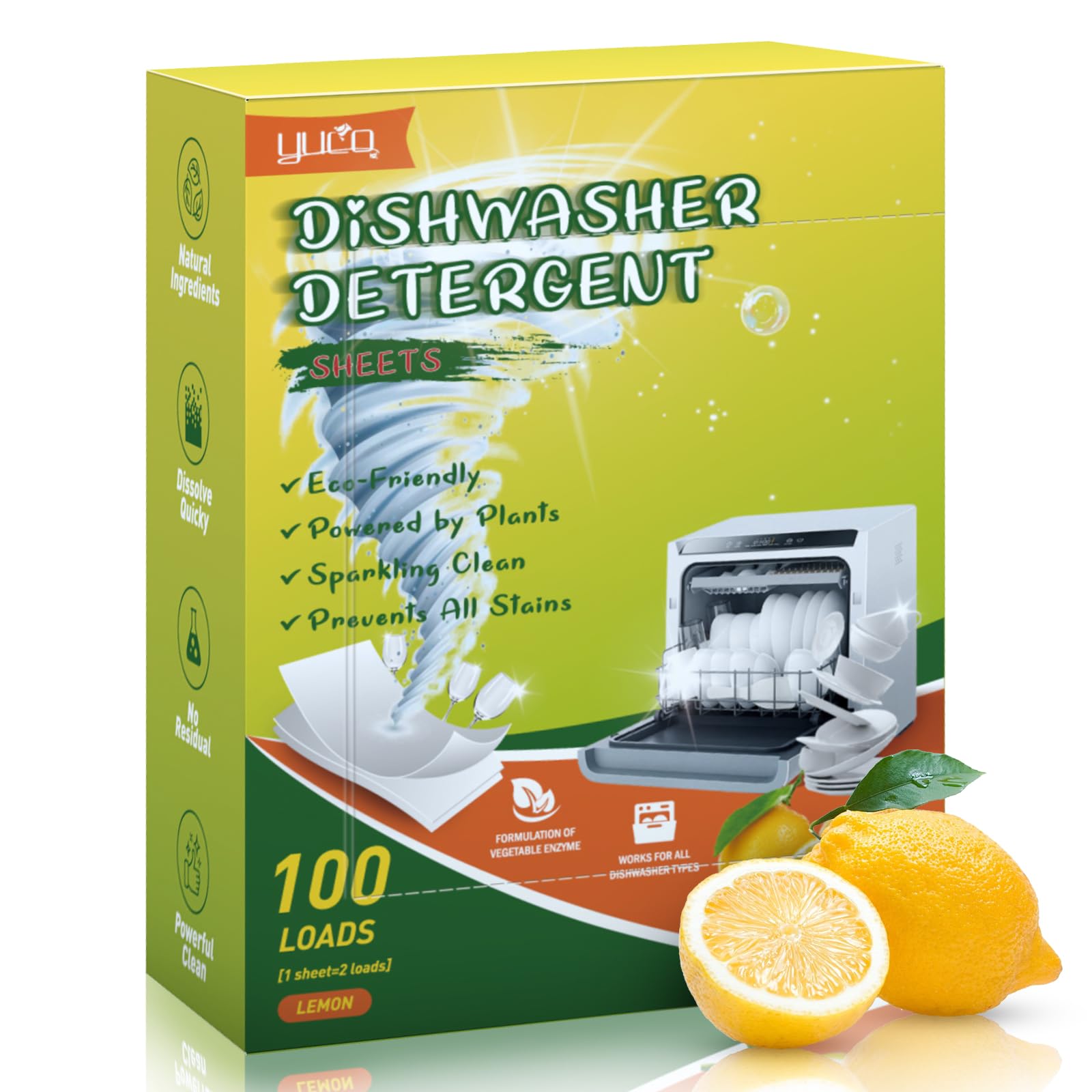 YUCO Dishwasher Detergent Sheets 100 Loads, Liquid-Free Dish Soap Cleaner Strips Eco-Friendly No Plastic Dishwasher Pods Detergent, Use in Dishwasher