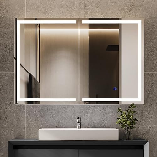 Hasuit Botiquín iluminado con espejo, espejo de baño montado en la pared con almacenamiento, armario de pared de baño de 2 puertas con luces LED,