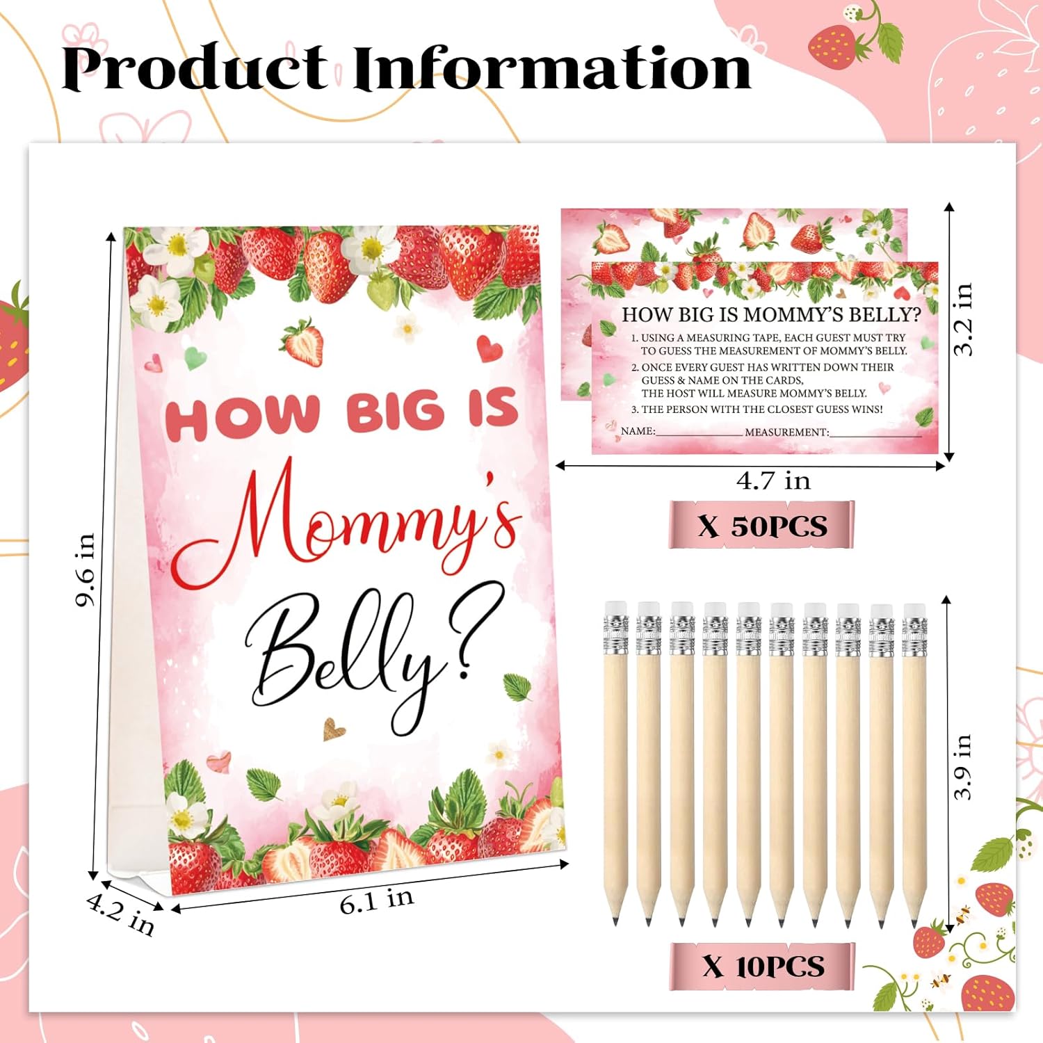 WNINK Guess Baby Shower Games Set – How Big is Mommy's Belly Sign, 64 Pcs Measure Bump Game with 50 Guessing Cards, 10 Pencils, and 3 Measuring Tapes for Baby Shower Gender Reveal Party (Strawberry)