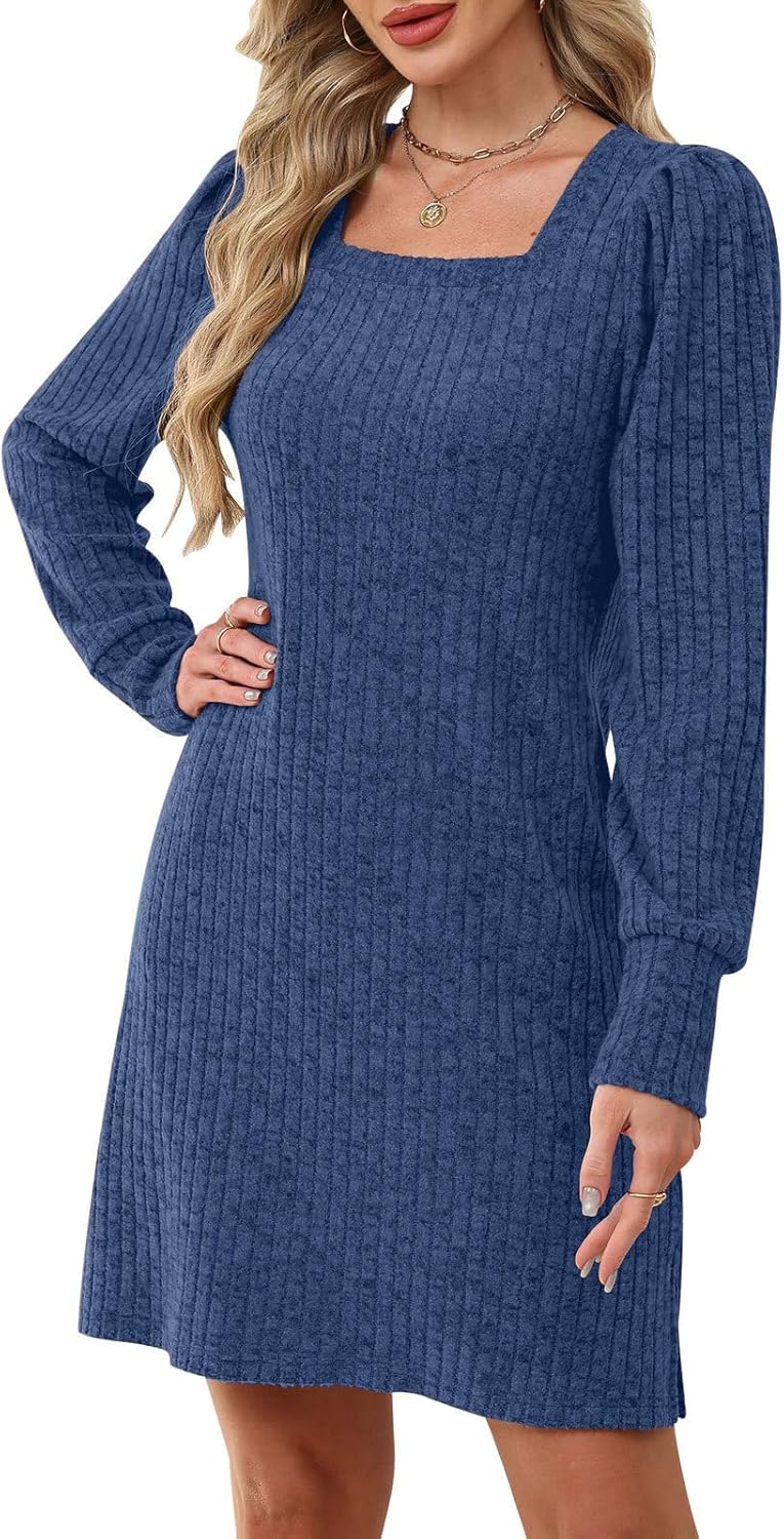 Womens Ribbed Knit Sweater Dress Long Sleeve Square Neck Fall Winter Dresses - Image 4