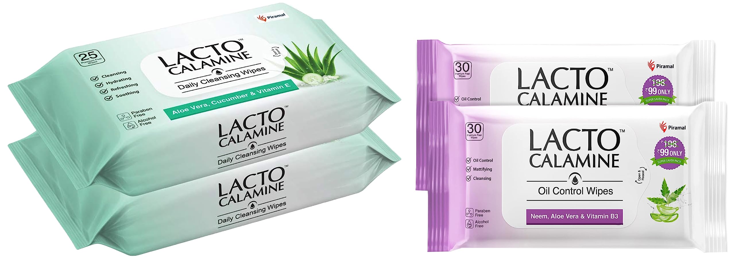 Lacto Calamine Oil Control Face Wipes with Neem, Vitamin B3 and Aloe Vera White, 60 Count, Pack of 2 & Lacto Calamine Daily Cleansing Face Wipes, Pack of 2, 50 Count-image-47