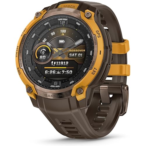 Garmin Instinct® Crossover AMOLED, Rugged Hybrid GPS Smartwatch with Analog Watch Hands and Bright AMOLED Display, Bronze/Sunburst with Cocoa Silicone Band