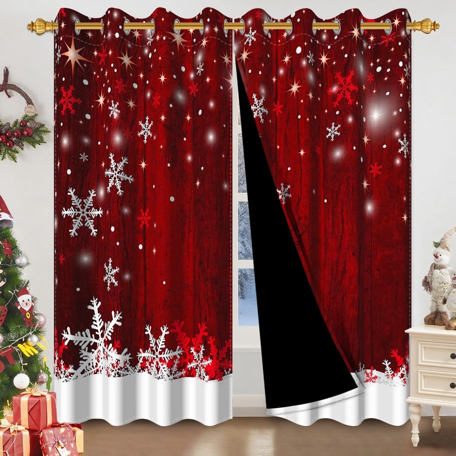 Rideaux occultants de Noël 60x120cm bordeaux effet bois lot de 2
