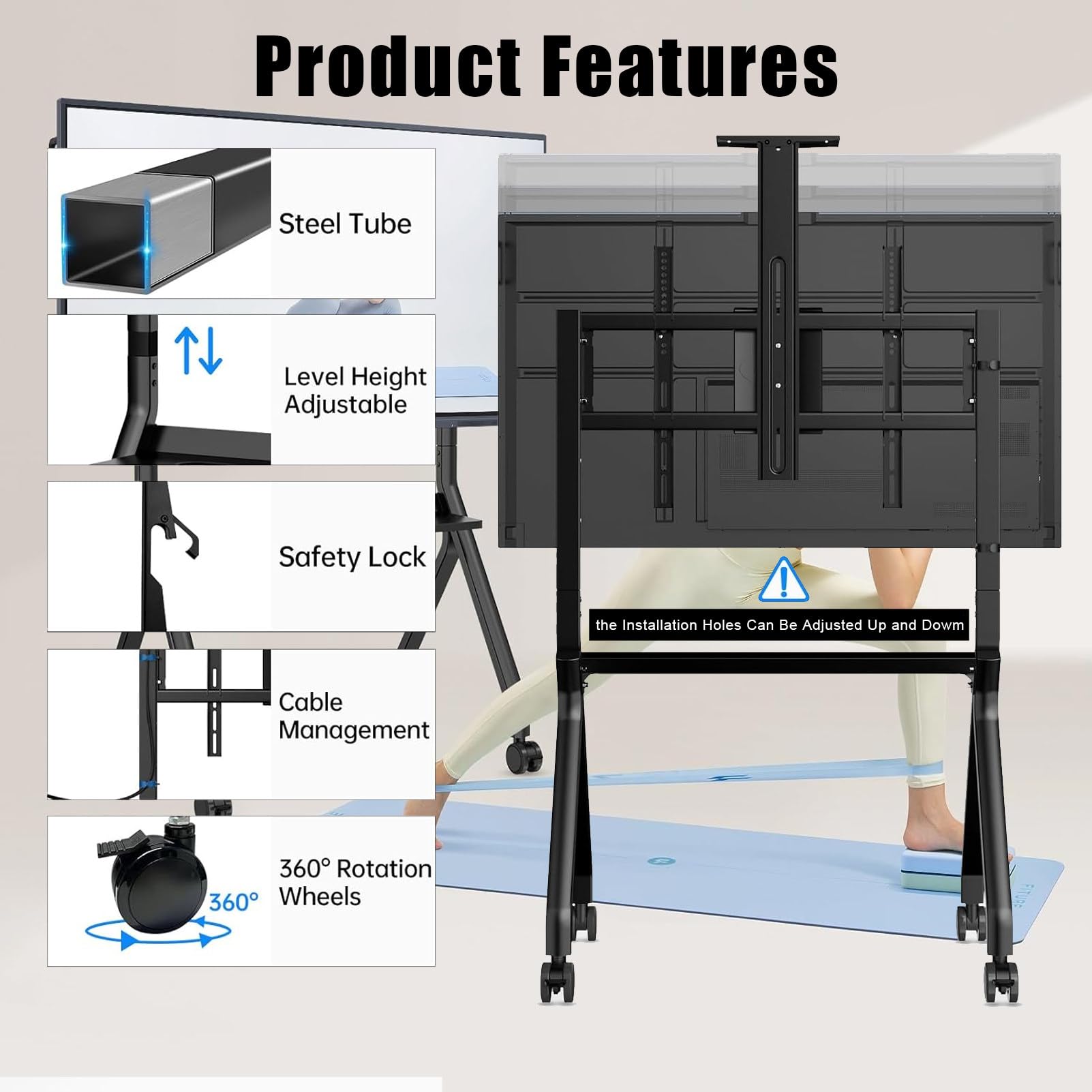 Support TV pivotant universel avec roulettes verrouillables et gestion des câbles, pour loisirs à la maison et divertissement 139,7-254 cm, 254 cm-55 cm