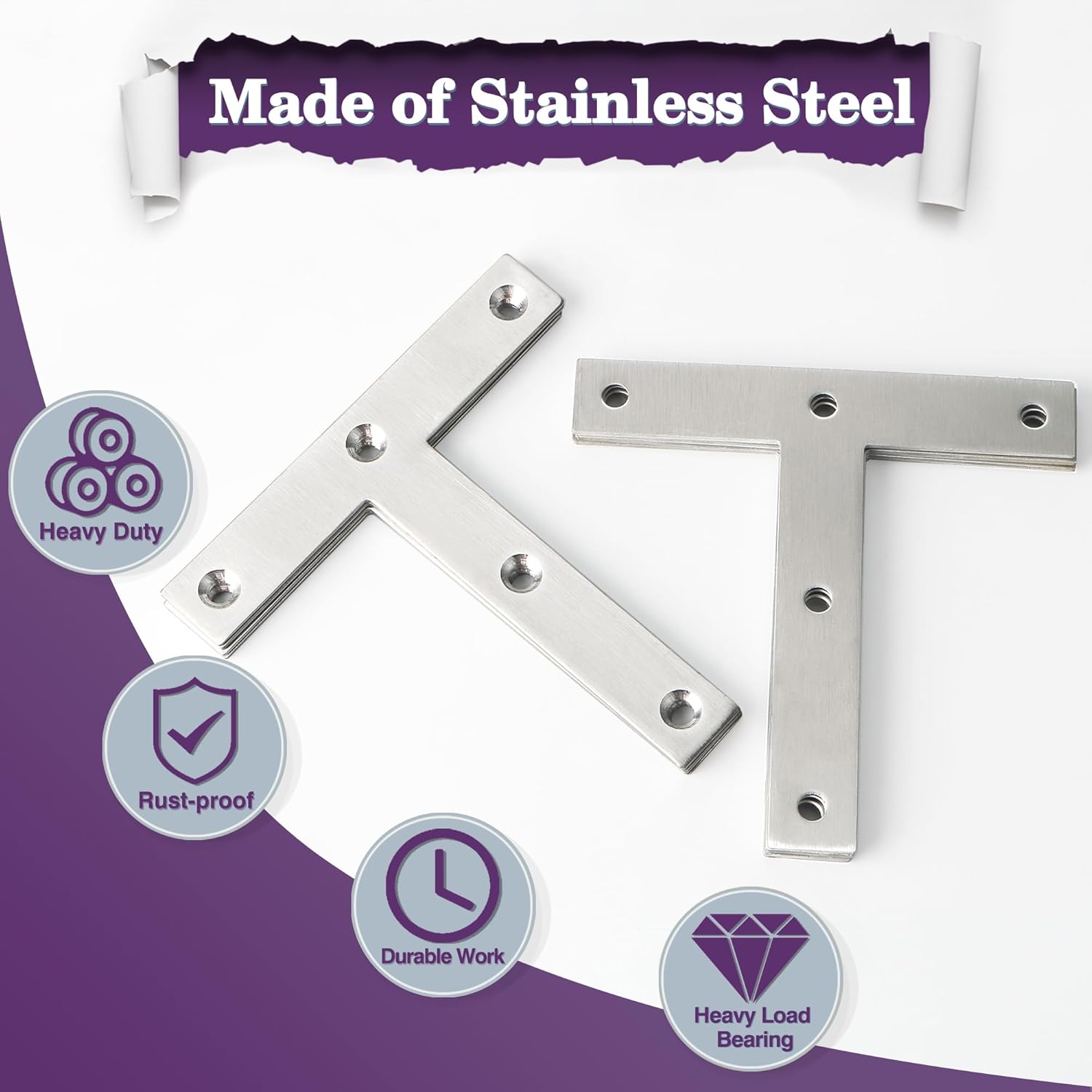 Alise T Flat Brackets,Corner Bracket Corner Brace Mending Plate Repair 120mm x 120mm Stainless Steel Flat Braces for Wood Tables, Chairs, Sofas, Beds, Cabinets, Doors and Windows,Brushed,Pack of 8