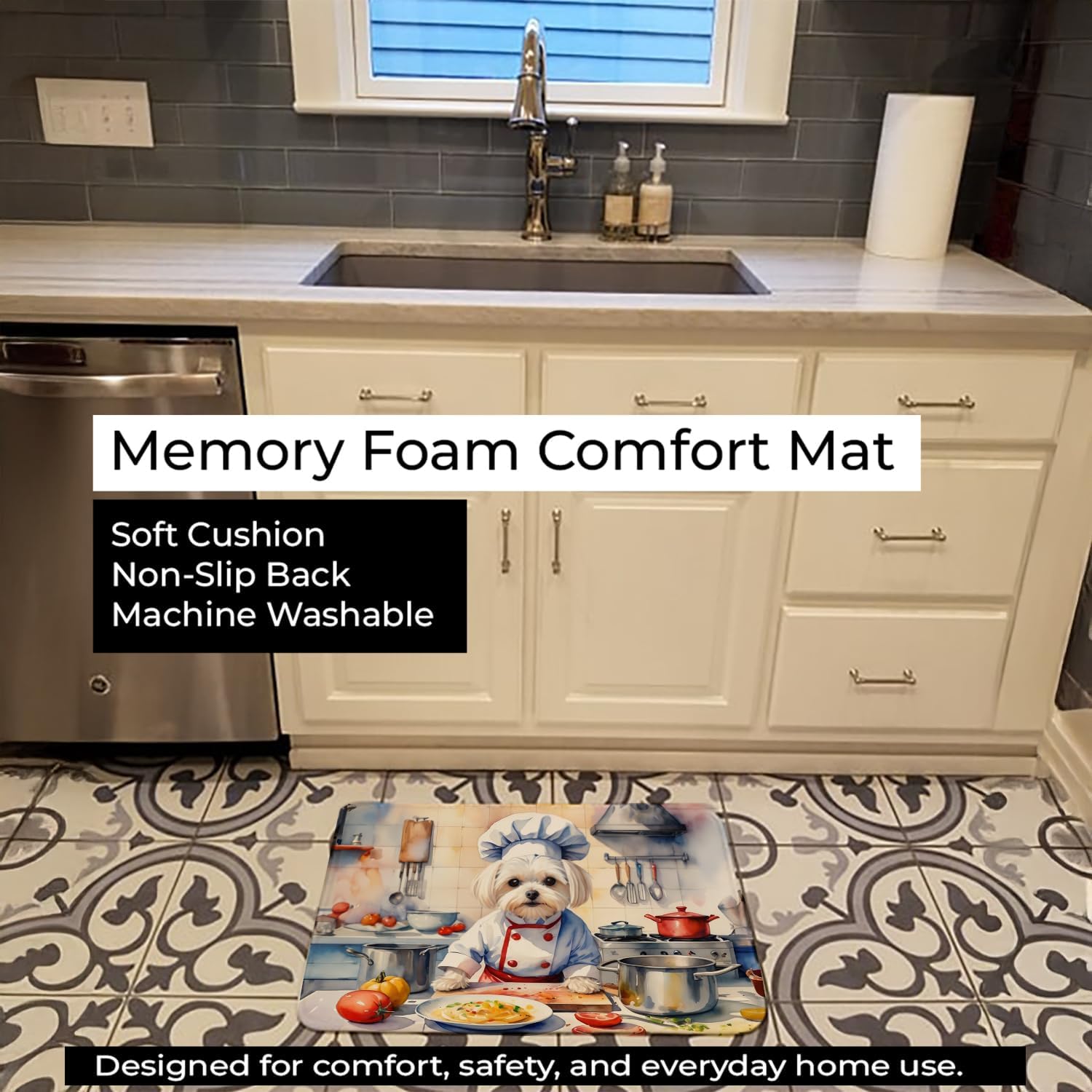 Caroline's Treasures Maltese The Chef Memory Foam Kitchen Mat Machine Washable Anti-Fatigue Mat Cushion Comfort Bath Mat or Kitchen Rug