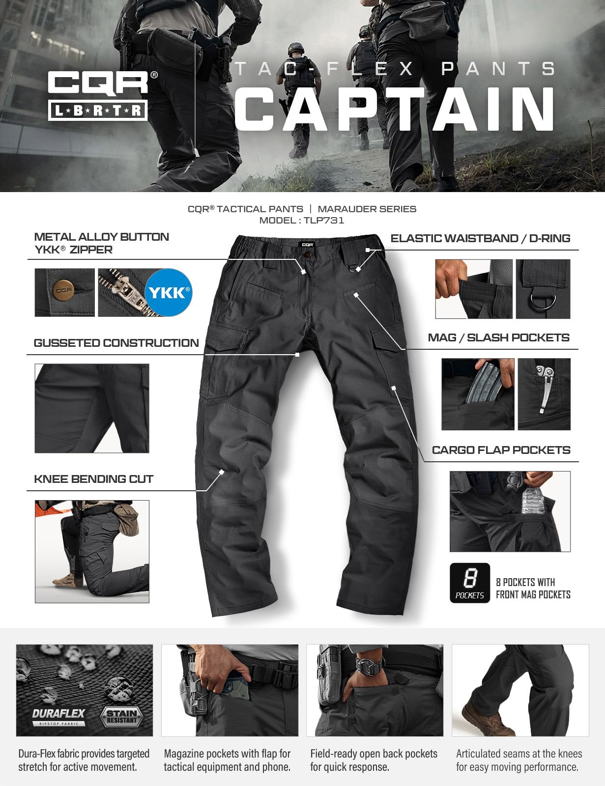 CQR Men's Flex Ripstop Tactical Pants, Water Resistant Stretch Cargo Pants, Lightweight EDC Hiking Work Pants — view 8