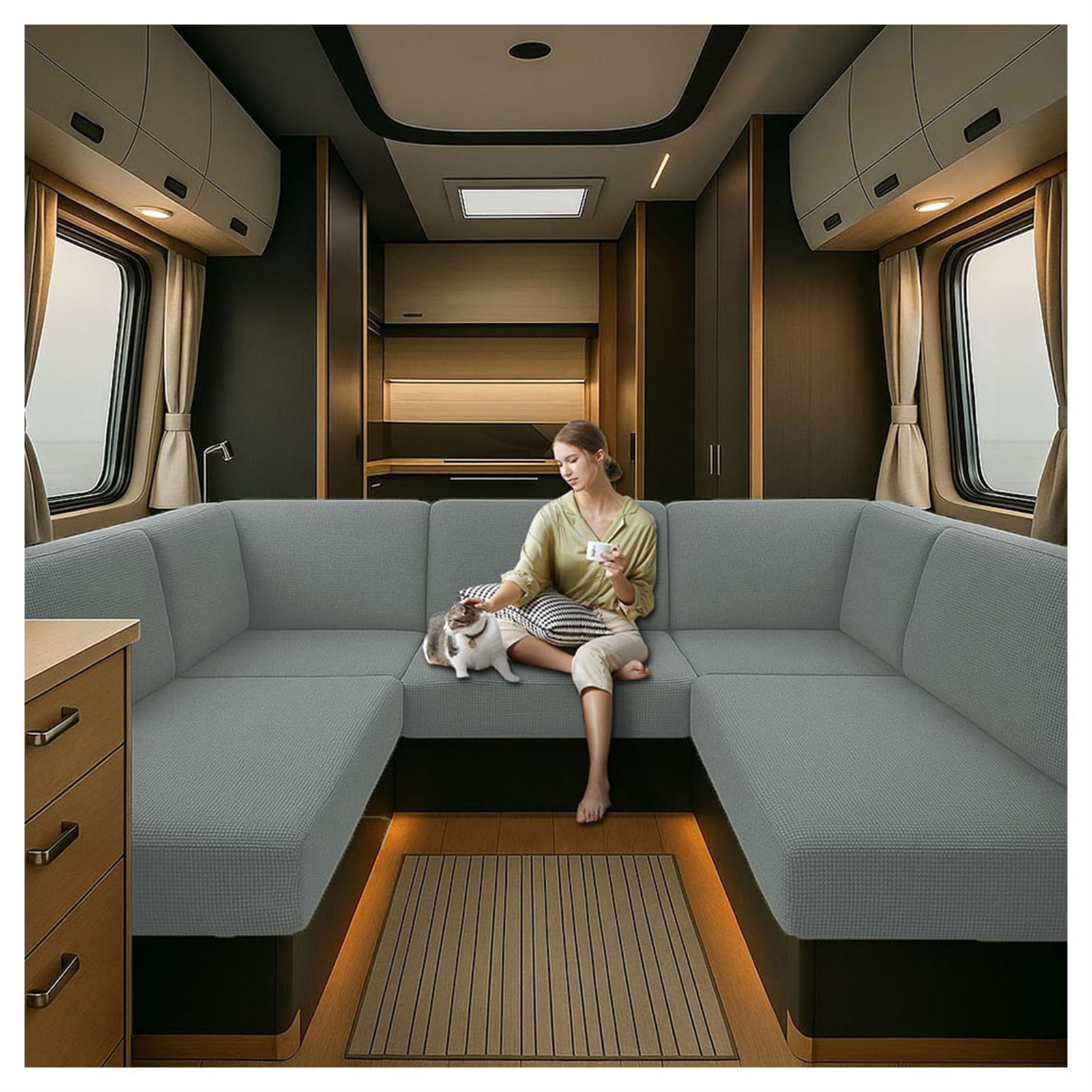 Caravan Seat Cover Waterproof Stretch Jacquard, Non-slip RV Dinette Cushion Covers with 2 Straps with Elastic Straps Multi-Size Fit for Camper, Motorhome & Indoor (gray1,W 94-122 cm, D 26-40 cm)