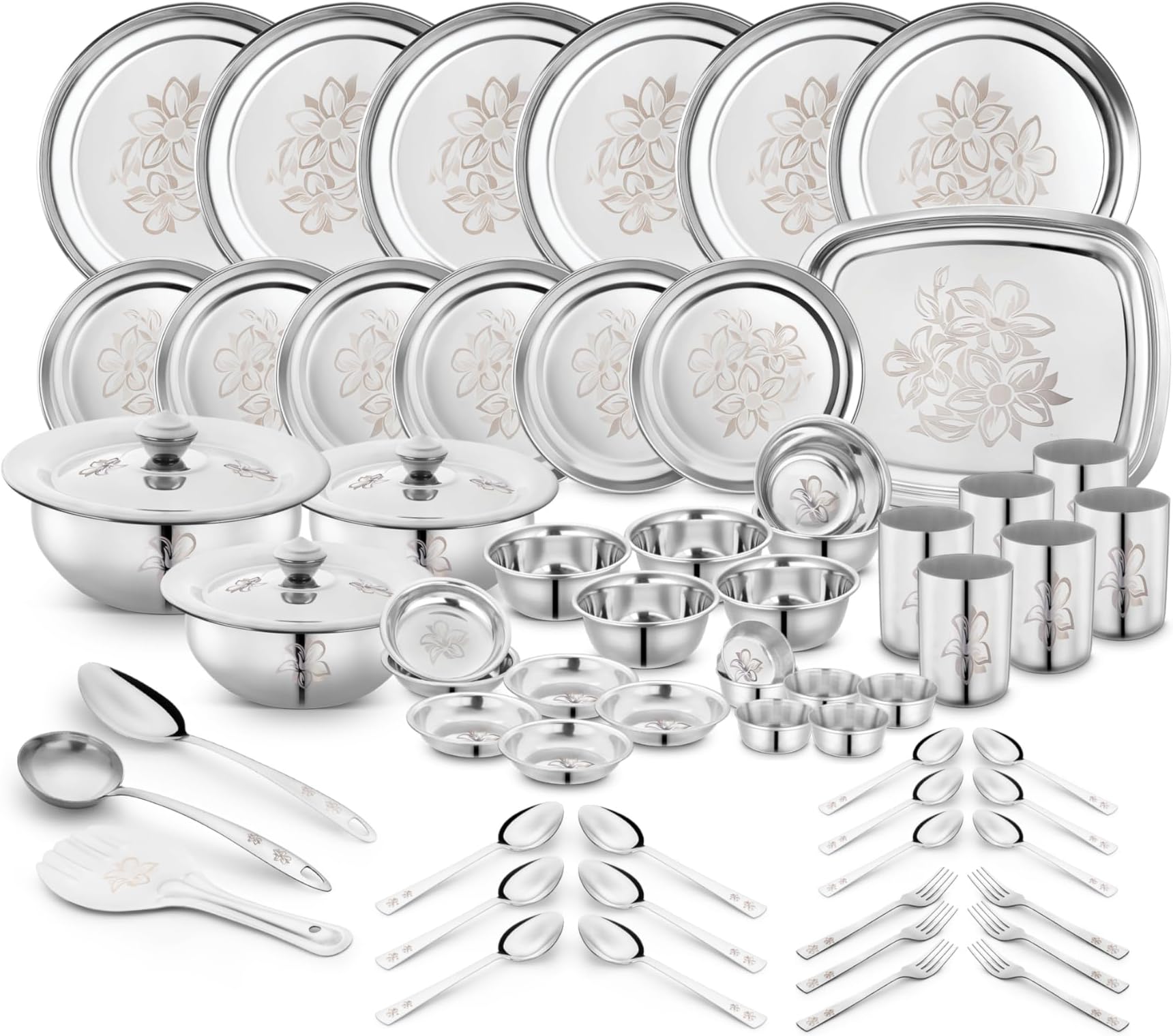 Classic Essentials Glory Stainless Steel Dinner Set - 61-Pieces, Silver