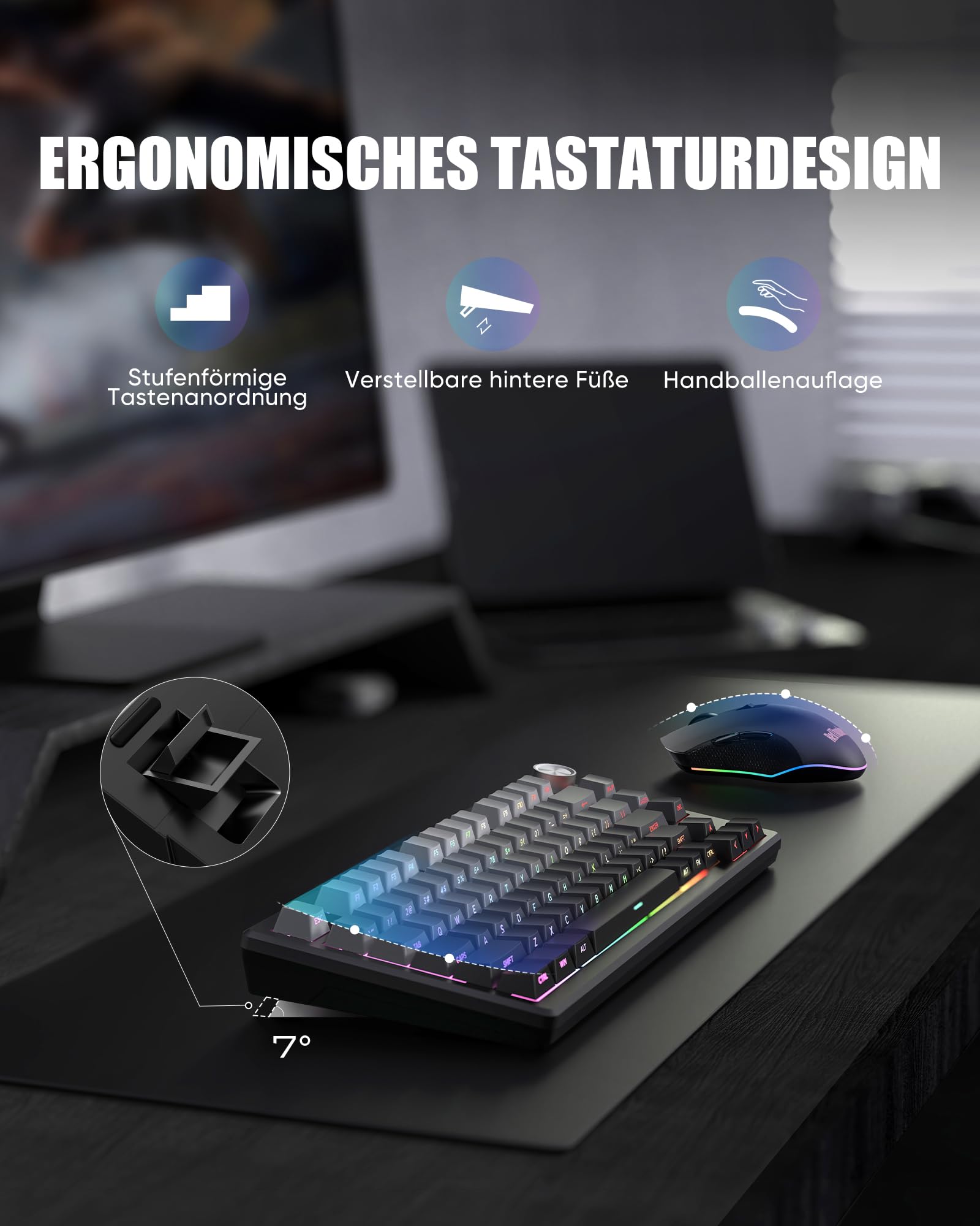 RedThunder K75 Gaming Tastatur und Maus Set Kabellos, 75% US Layout, TKL Membrantastatur, 2,4G/USB/BT, 4800 DPI, 4000 mAh (Gradient Grey)