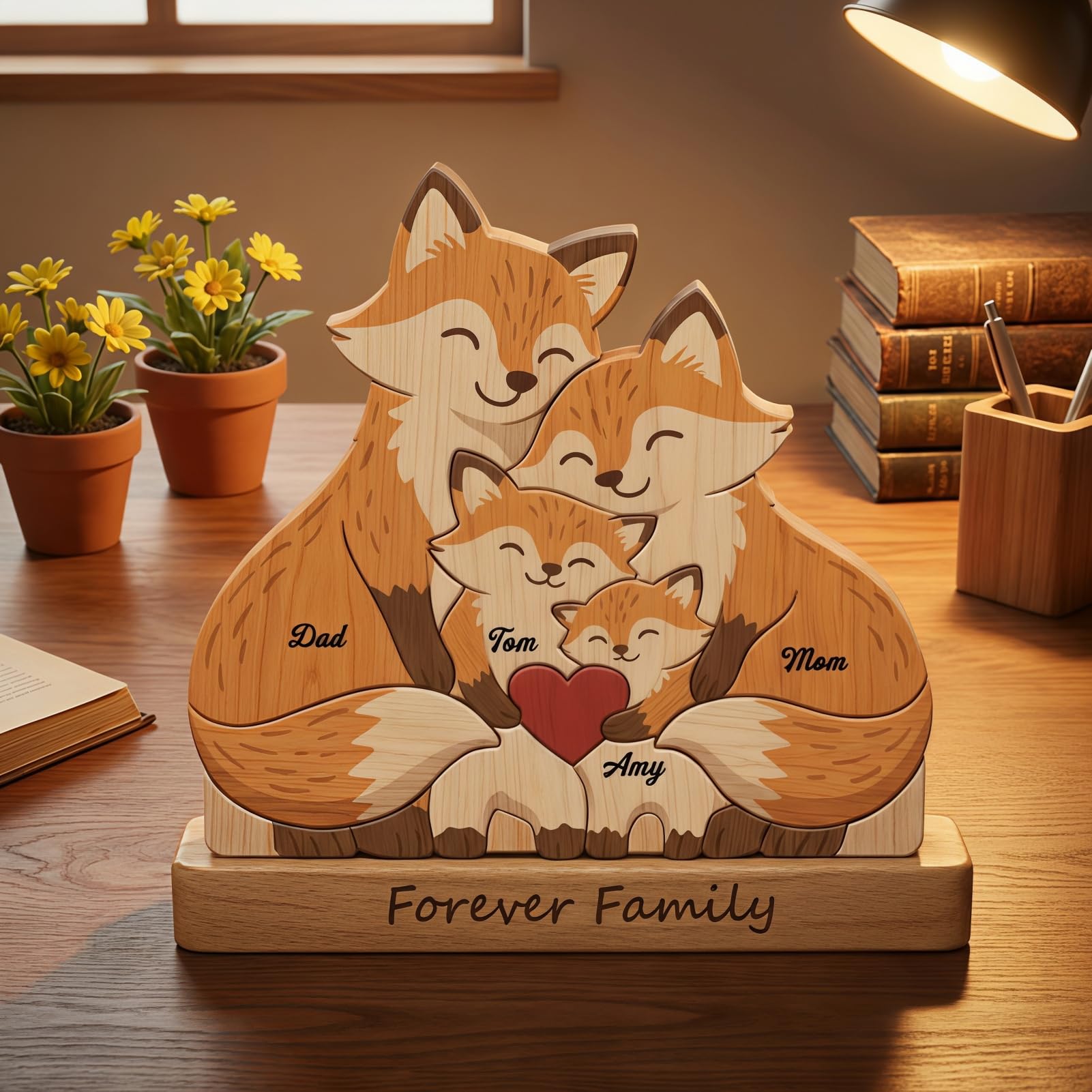 Drawelry Puzzle en Bois Personnalisé Famille avec Figurine Animale Gravée, Décoration Maison Cadeau pour Maman Papa Enfant Renard-A