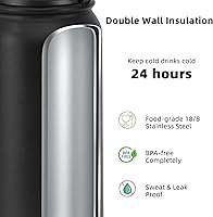 Vista 4 de Fanhaw Botella de agua aislada de acero inoxidable de 20 onzas con 2 tapas, a prueba de fugas y sudor, con tapa antipolvo (negro)