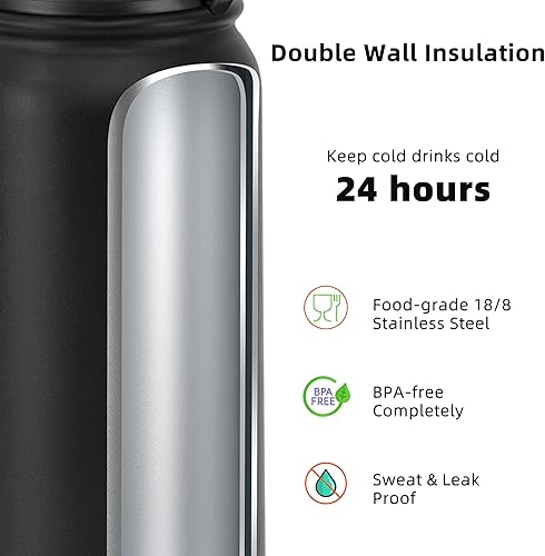 Miniatura 4 de Fanhaw Botella de agua aislada de acero inoxidable de 20 onzas con 2 tapas, a prueba de fugas y sudor, con tapa antipolvo (negro)