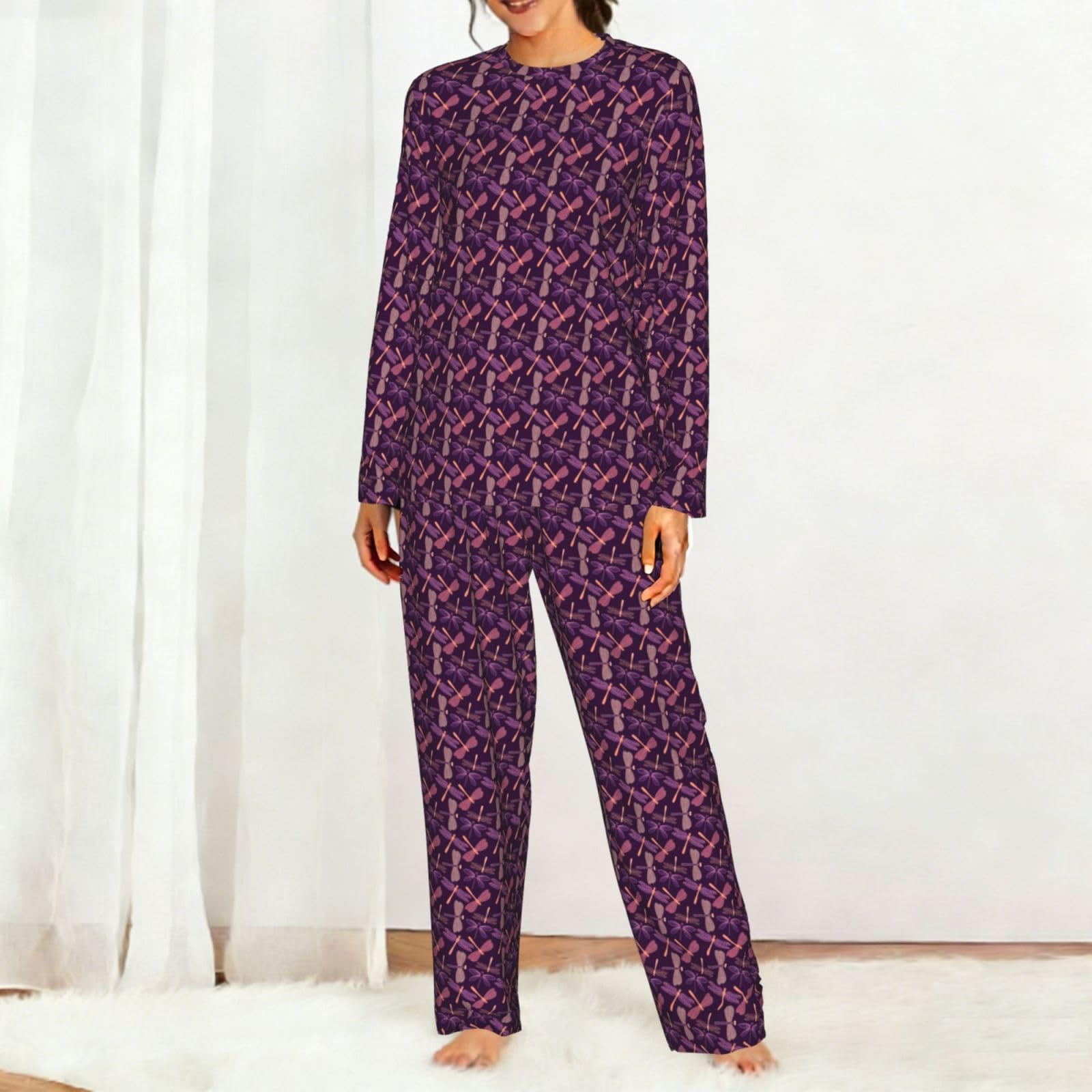 Pigiama da donna a maniche lunghe con stampa libellula viola per vacanze, yoga, uscite casual, comodo regalo