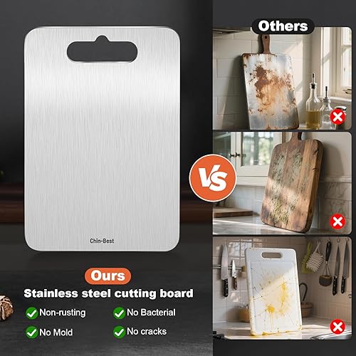 Miniatura 3 de Tabla de cortar de titanio para cocina, tabla de cortar de acero inoxidable de doble cara de grado alimenticio, no tóxica y antideslizante, apta