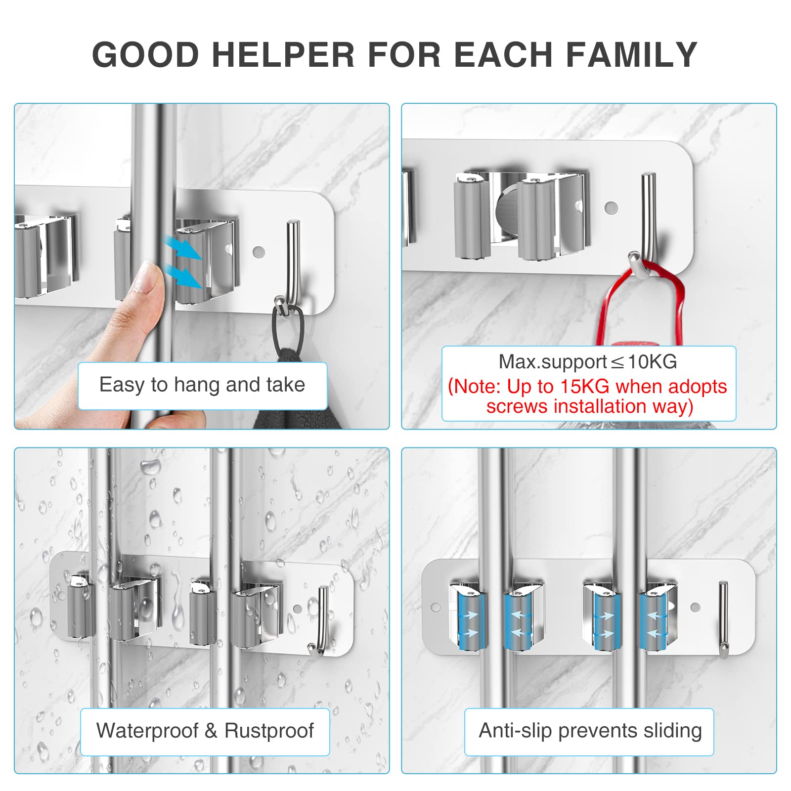 HOMEASY Mop Broom Holder Wall Mounted SUS304 Stainless Steel - Image 4