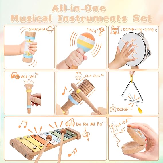 Wooden Musical Instruments Set for Kids, Music Toy with Xylophone, Drum, Maracas, Educational Percussion Set, Birthday Gift for Boys and Girls