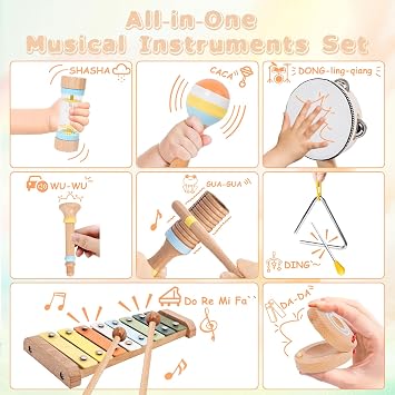Wooden Musical Instruments Set for Kids, Music Toy with Xylophone, Drum, Maracas, Educational Percussion Set, Birthday Gift for Boys and Girls