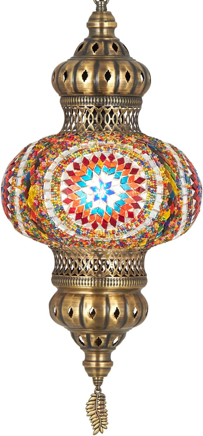 DEMMEX 10" Diameter XL Mosaic Globe Turkish Moroccan Hanging Pendant Lamp, Plug-in Ceiling Light with 15 ft Chain & Cord, 2.5 ft Hanging Height, No Wiring, Handmade (Multicolor)