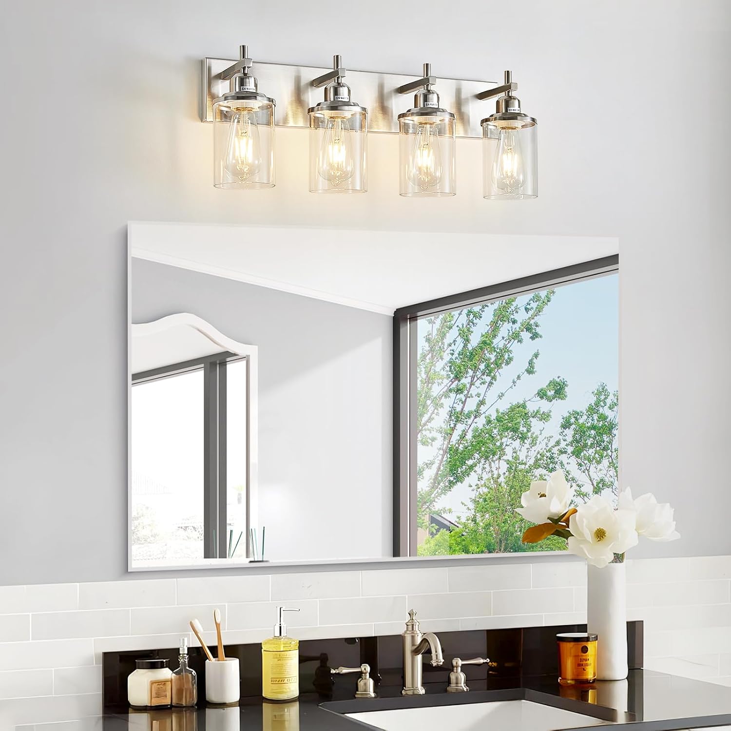 Lanhall 4-Light Brushed Nickel Bathroom Light Fixture Over Mirror Modern Bathroom Vanity Light Vintage Wall Lighting with Clear Glass Shade for Bathroom, Bedroom, Hallway, Cabinet