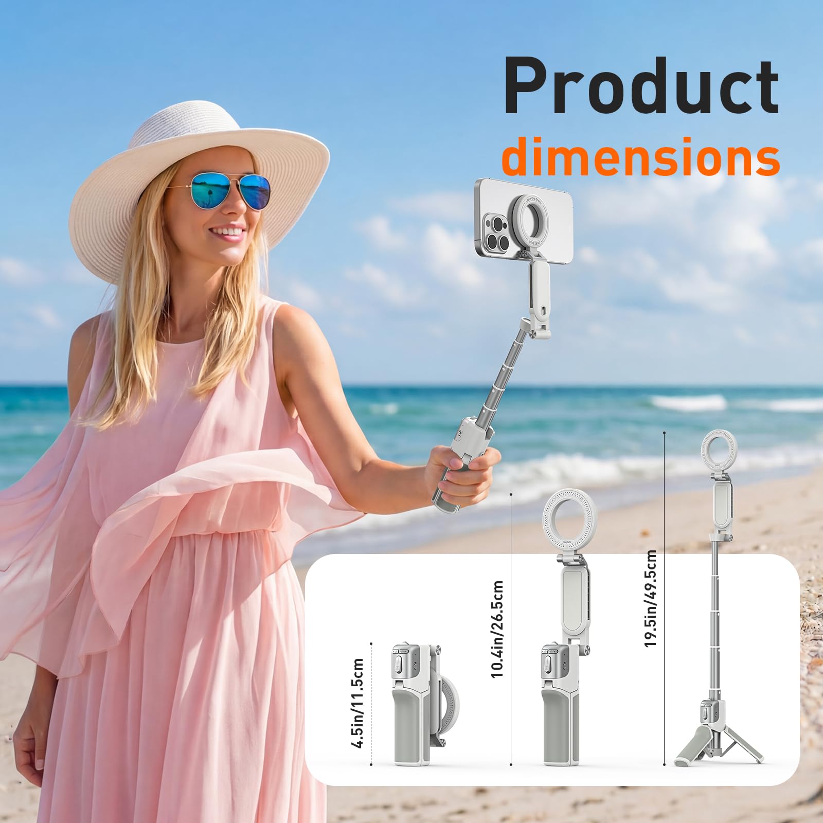 AMAZEAR Treppiede smartphone (4 in 1), Selfie stick magnetico multifunzionale per iPhone, Impugnatura portatile per smartphone con telecomando Bluetooth rimovibile e zoom regolabile per foto, Bianco