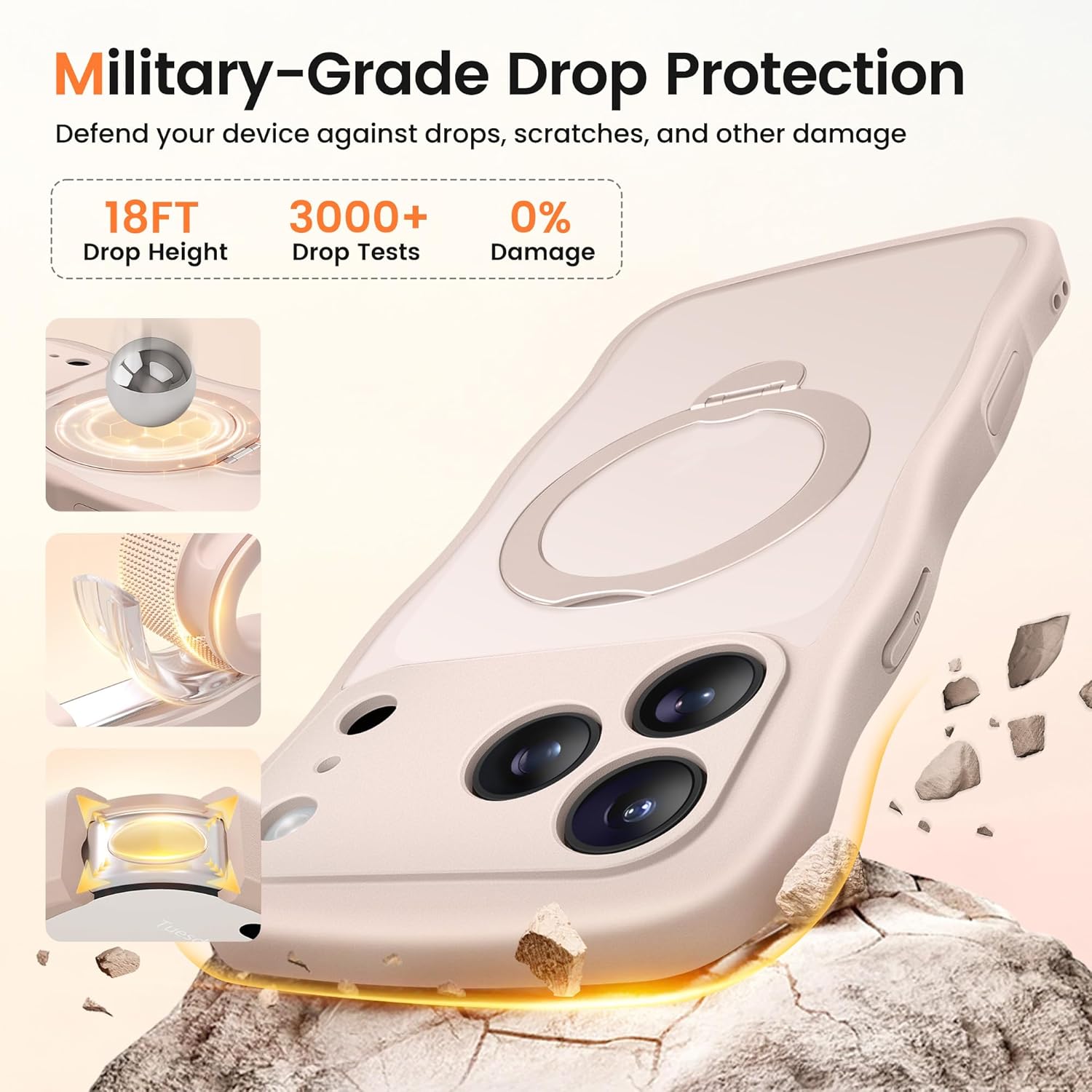 CAPRARO for iPhone 17 Pro Max Case with 360° Spin Magnetic Stand for Women, [Compatible with MagSafe] [Full Camera Protection] Cute Wave Translucent Matte Case for iPhone 17 Pro Max, Rose Gold - Image 7