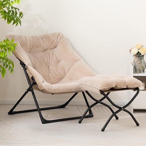 Miniatura 8 de HollyHOME Silla platillo extragrande con otomana plegable, cómoda silla plegable de gran tamaño y reposapiés plegable, silla de lectura de piel