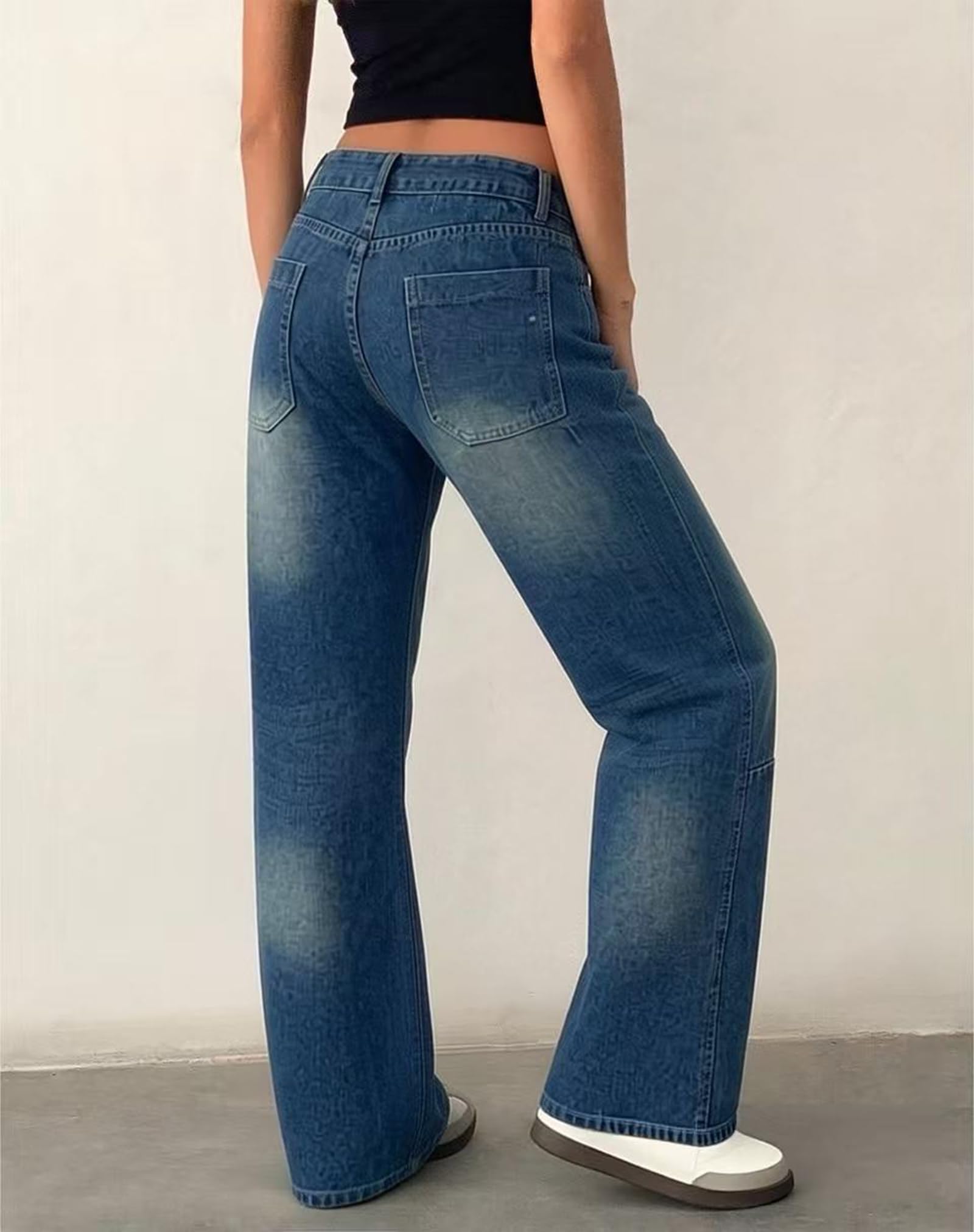 Jeans Larghi A Gamba Dritta da Donna Lavati E Strappati A Vita Alta Pantaloni di Denim Sciolti