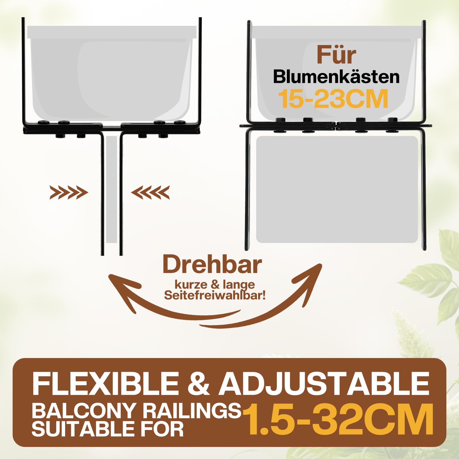 2er H-Form Blumenkastenhalterung für Balkongeländer, Ohne Bohren, 2-Fach Verstellbar,Passend für Balkonkasten 15–23 cm und Geländer 1,5–32 cm, Stabiler MetallBalkonkasten Halter (Schwarz, 4)