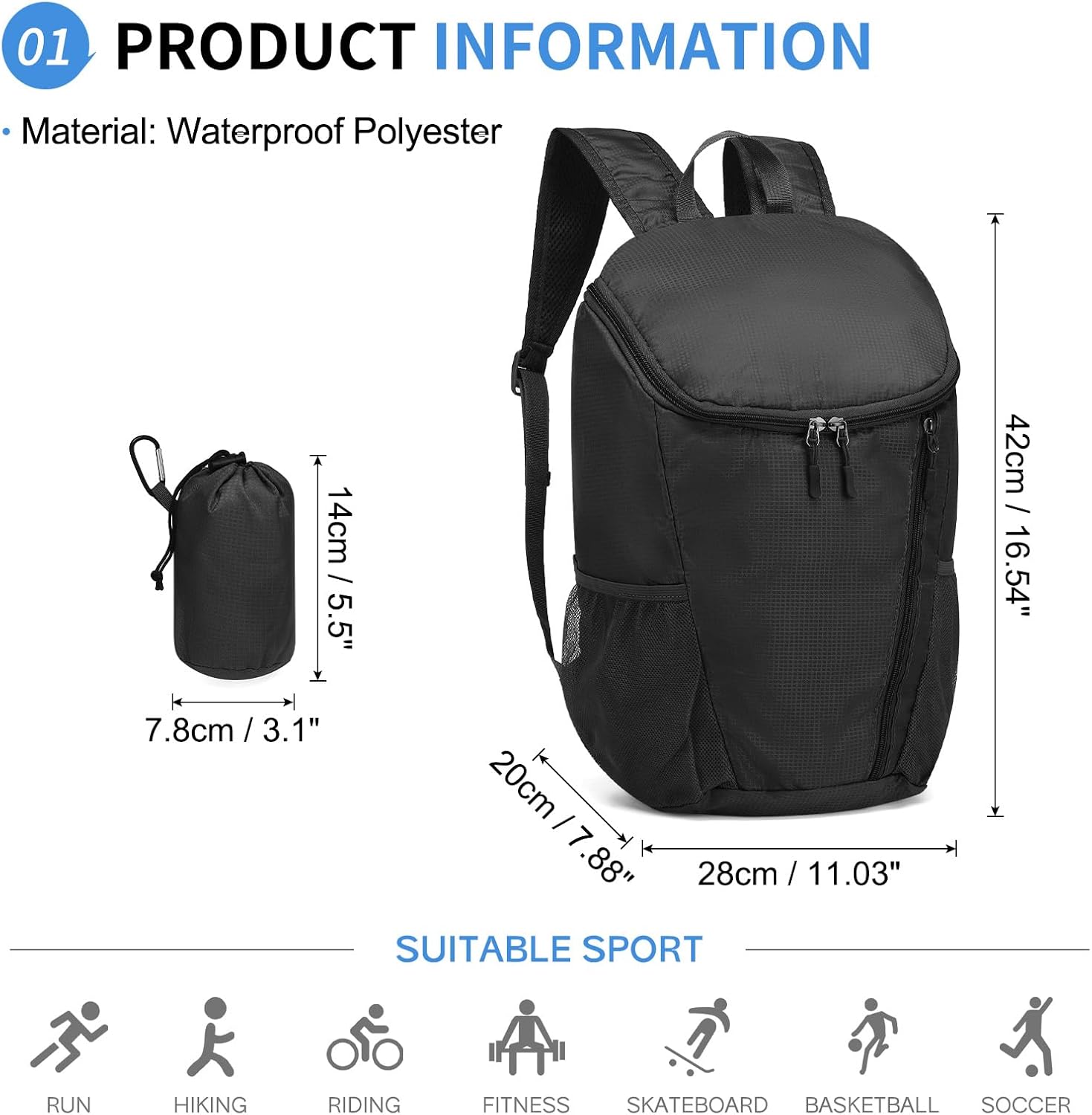 Hiking Backpack, 20L Packable Daypack for Men Women, Nylon with Adjustable Straps, Lightweight Waterproof Outdoor Camping Travel, Black - Image 2