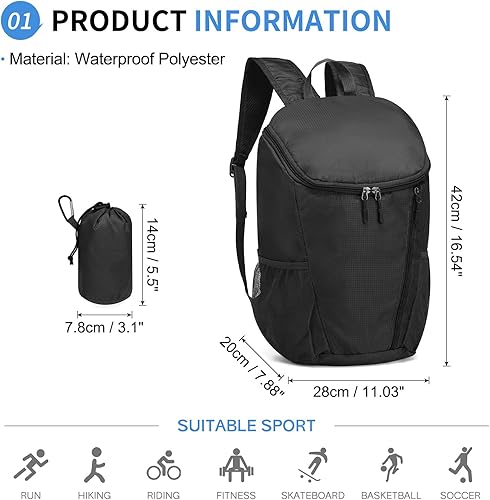 Miniatura 2 de Mochila de senderismo, 20 L, plegable, para hombres y mujeres, nailon con correas ajustables, ligera, impermeable, para acampar al aire libre,