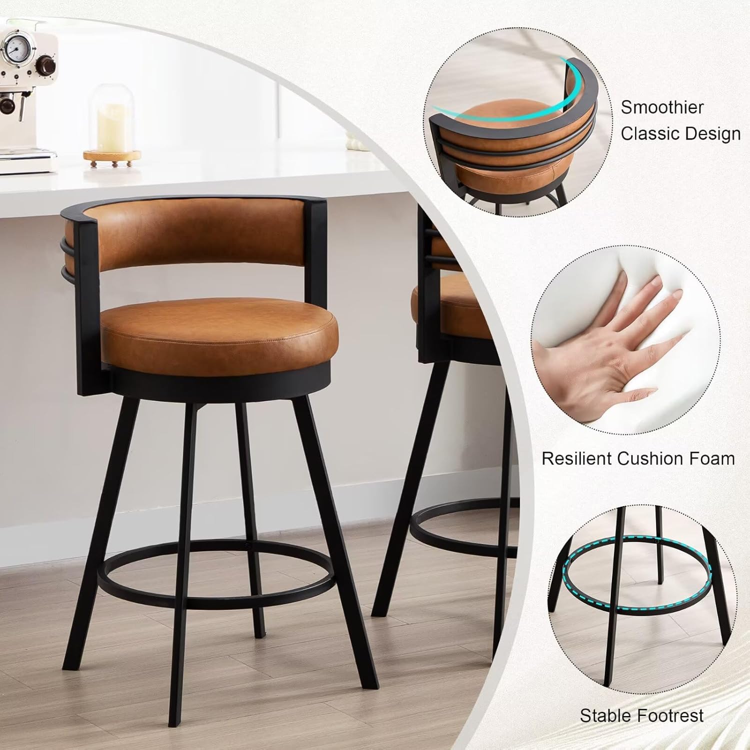 Flouki Swivel Counter Height Bar Stools Set of 2, 26.6" Faux Leather Counter Stools with Arms, Upholstered Modern Barstools with Back and Metal Base for Kitchen Island, Dining Room, Brown PU Leather