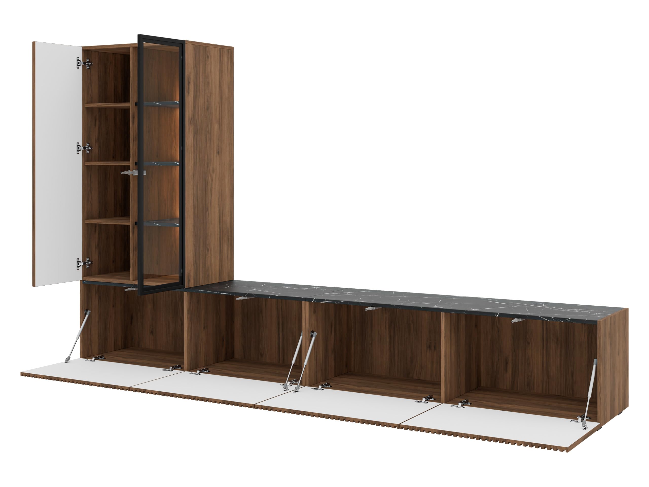 Mirjan24 Wohnwand Tiwori, Wohnmöbel, Elegantes Wohnzimmer-Set mit weißer LED-Beleuchtung, Griffloses Öffnungssystem, Wohnzimmer Kollektion, Stilvolle Anbauwand (Nuss Warmia + Marmor Schwarz)