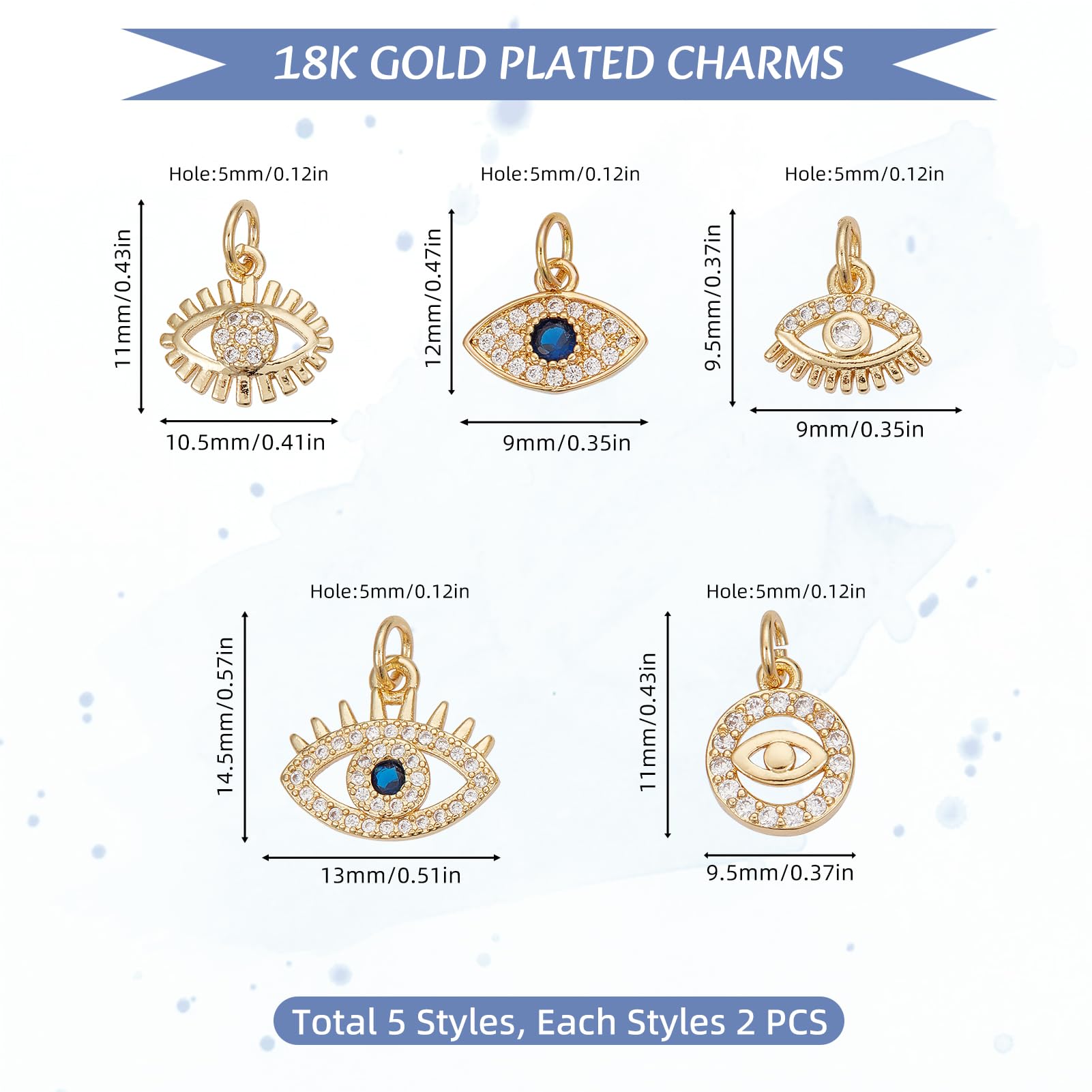 NICENEEDED 10 Pcs 18K Gold Plated Evils Eye Charms, Cubic Zirconia Devil's Eye Enamel Charms Pendants - Image 2
