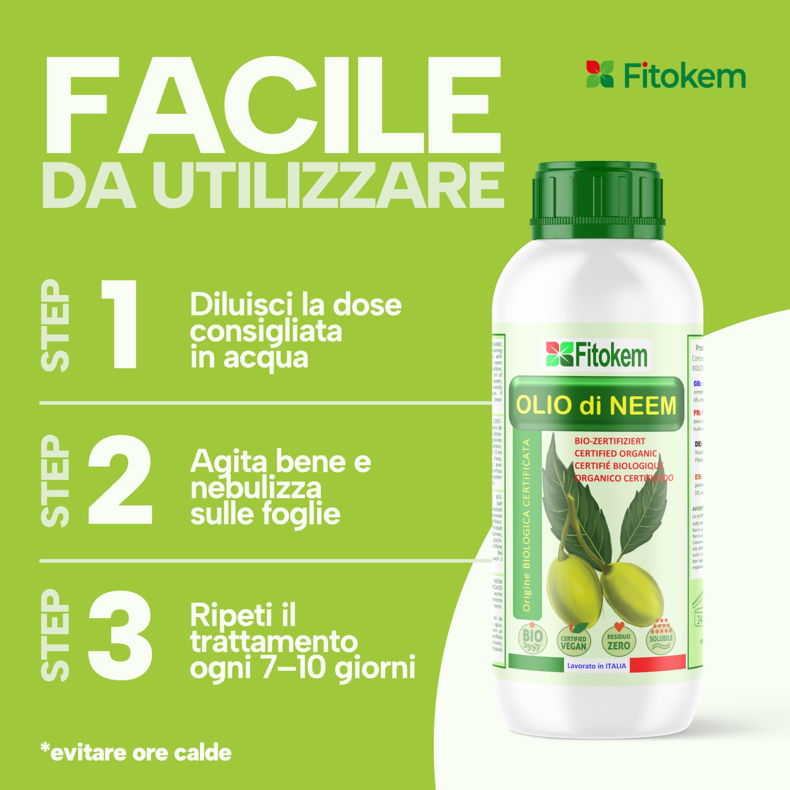 Fitokem Olio di Neem Solubile 1Litro Concentrato Biologico Anti Afidi Cocciniglia Pidocchi