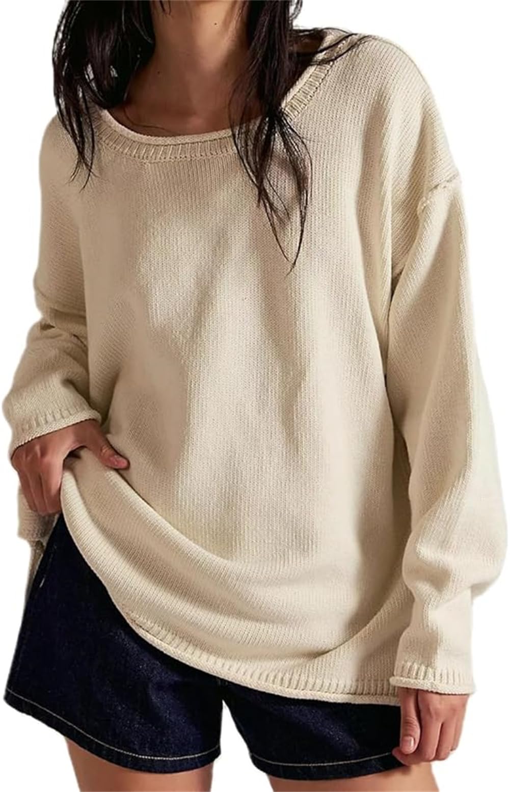 Women Roll Neck Sweater People Oversized Reverse Seam Knit Jumper Drop Shoulder Crewneck Long Sleeve Pullover Top