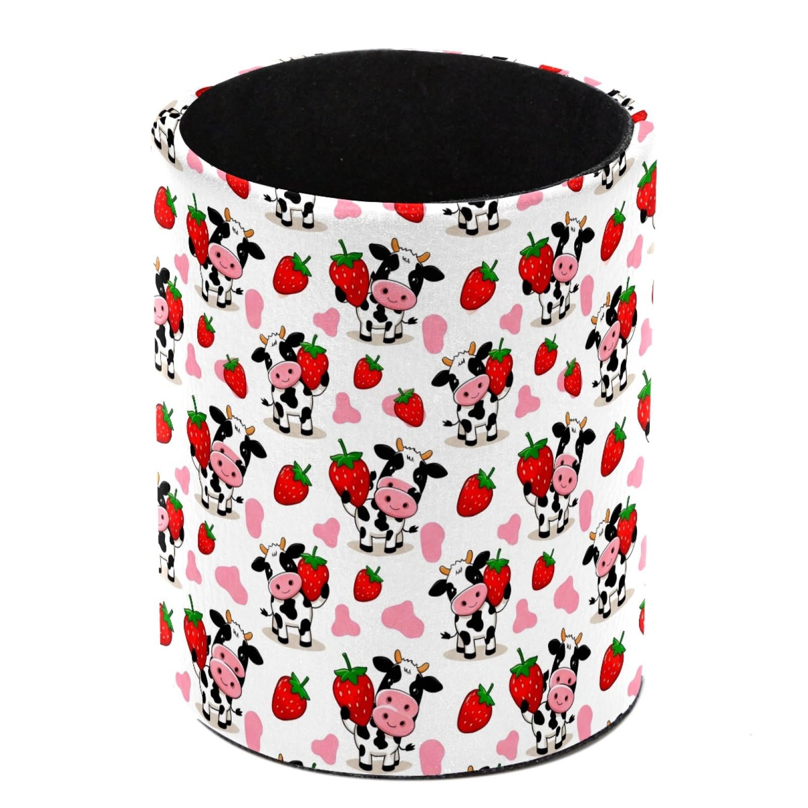 HEOEH Cow Strawberries Pen Holder for Desk, PU Leather Pencil Holder Pen Cup Marker Holder Makeup Brush Holders, Desk Accessories & Workspace Organizers for Home, Office