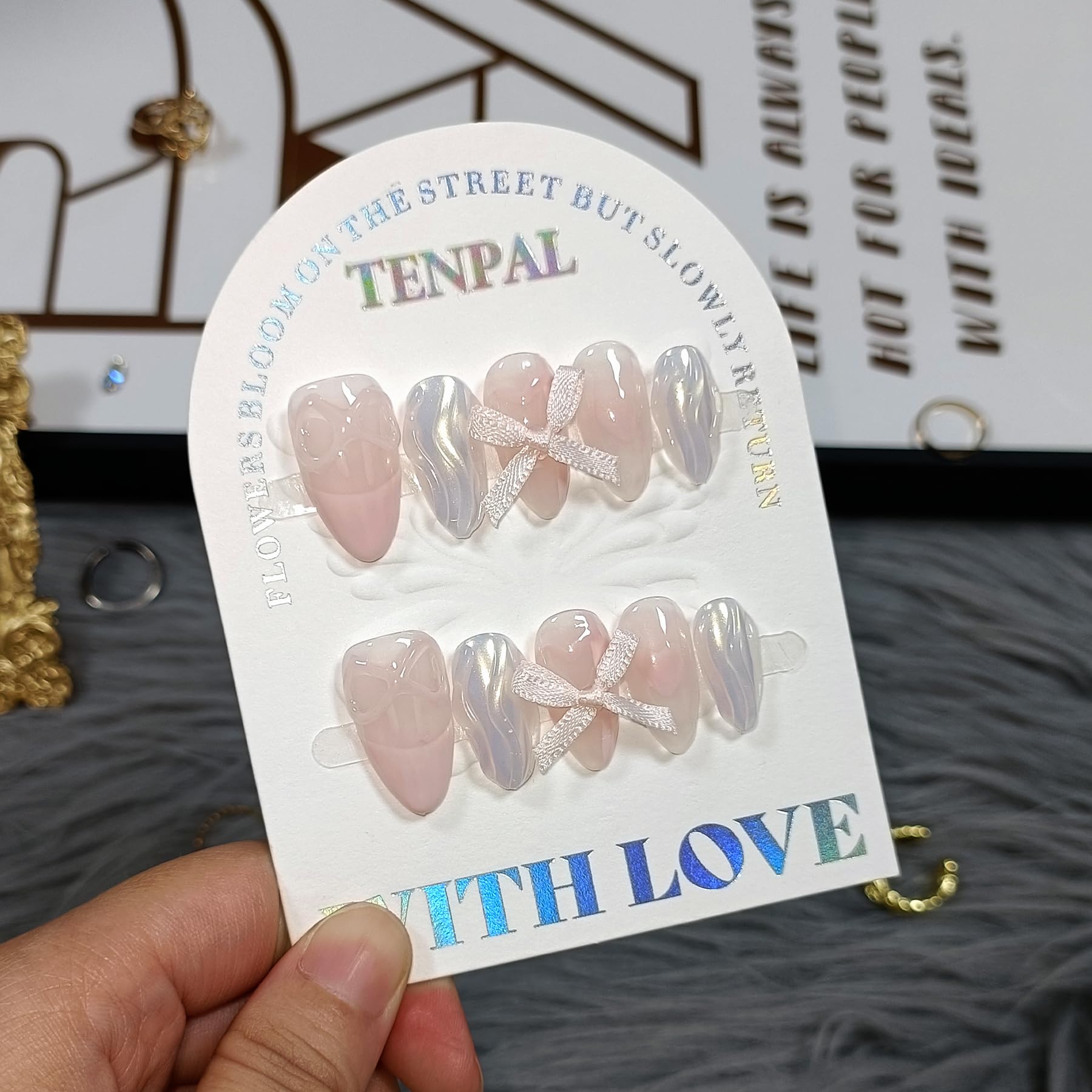 TENPAL Lovely Sweet Cute Pink Nails Aurora Glitter French Tip Press On Nails Short Almond Soft Gel Fake Nails With Sparkling Waves 3D Bow Ties 10pcs/