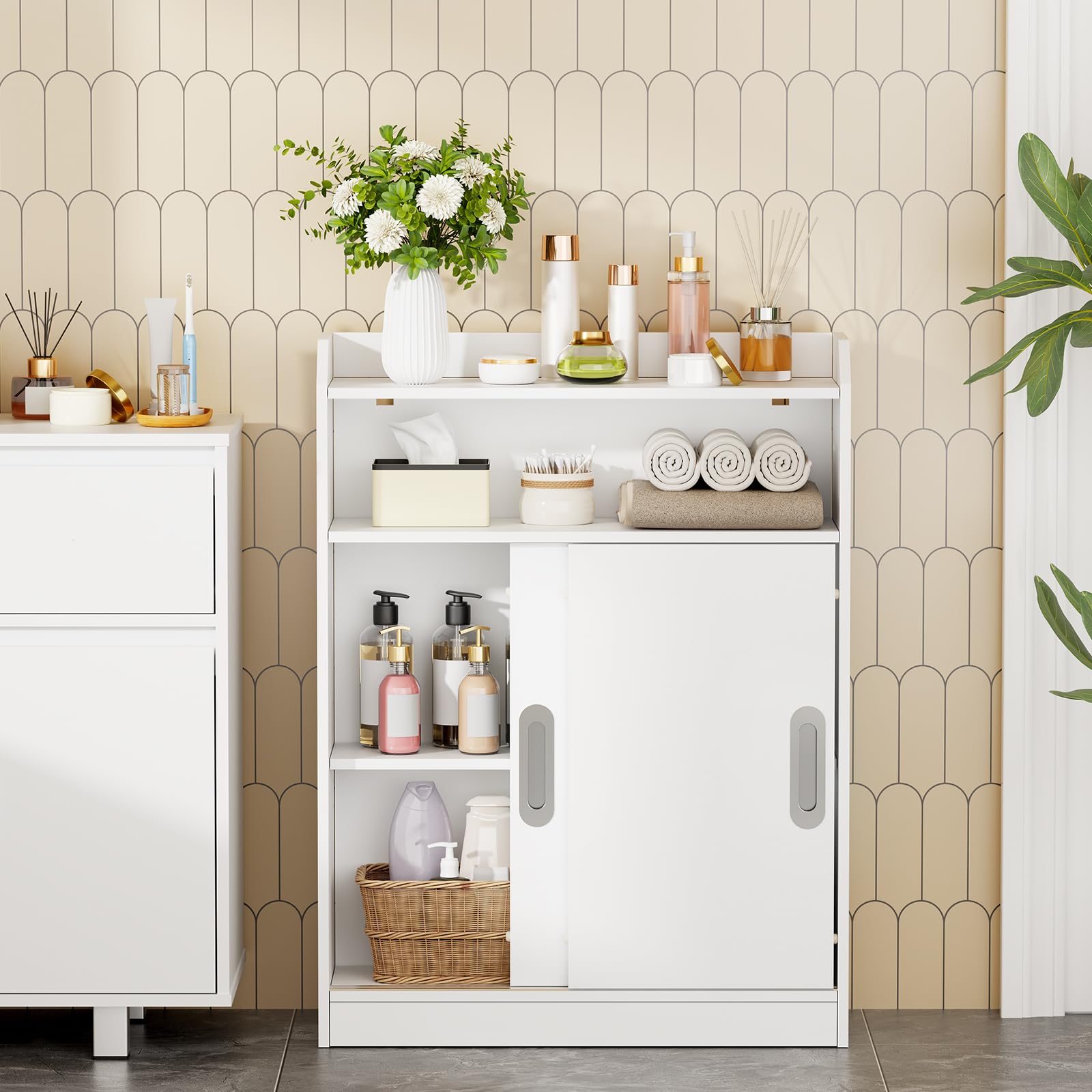 BEWISHOME Mobile da Bagno,Mobiletto Bagno Salvaspazio con Ante Scorrevoli,Maniglie Incassate,Portarotolo e Ripiani Regolabili,Accanto al Water,20x60x80 cm,Bianco EYYG16W