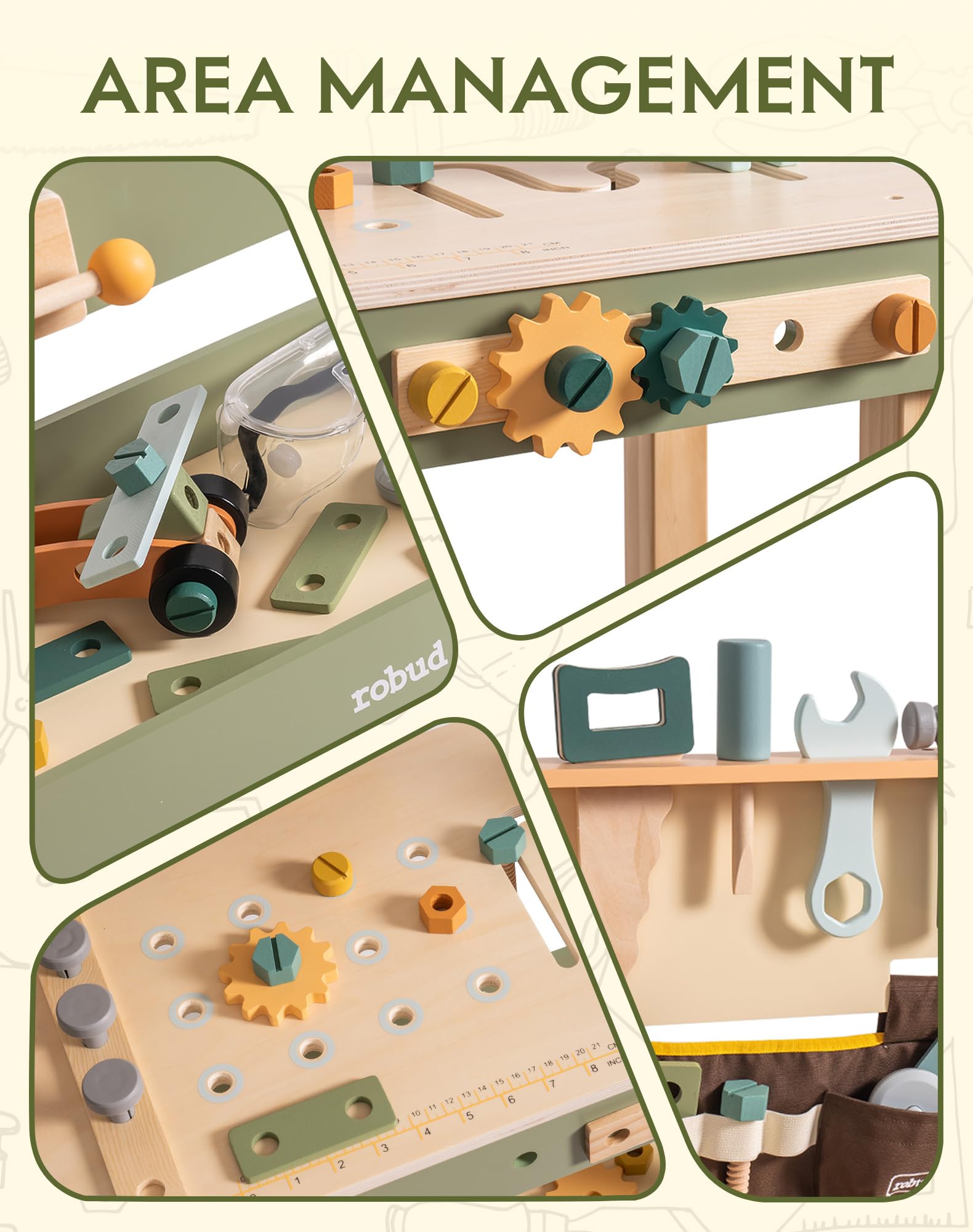 ROBUD Holz Werkbank Kinder, Spielzeug Werkzeugbank mit Werkzeuggürtel, Kinder Werkzeug Set, Schutzbrille, Zeichenpapier für Rollenspiel Konstruktion, Jungen Mädchen Spielzeug ab 3-5-6-8 Jahre Geschenk