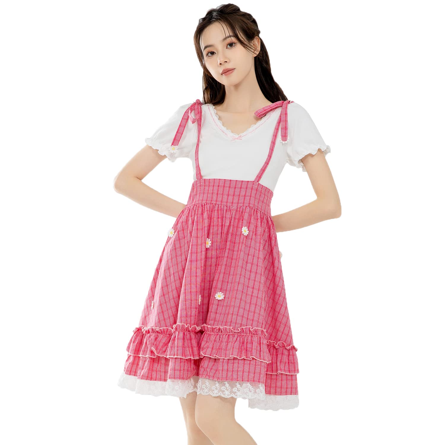 Packitcute Women's Red Teen Girls' Plaid Skirt, Cute Floral Summer Elastic Waist Casual A-Line Swing Skirts (Red)