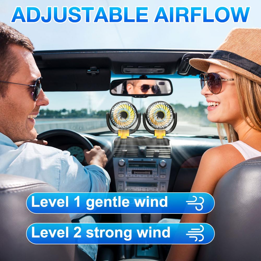 Ventilatore per auto, 12 V, doppia testa, portatile, rotazione a 360°, silenzioso, a 2 velocità, con presa accendisigari, per camion, SUV, camper