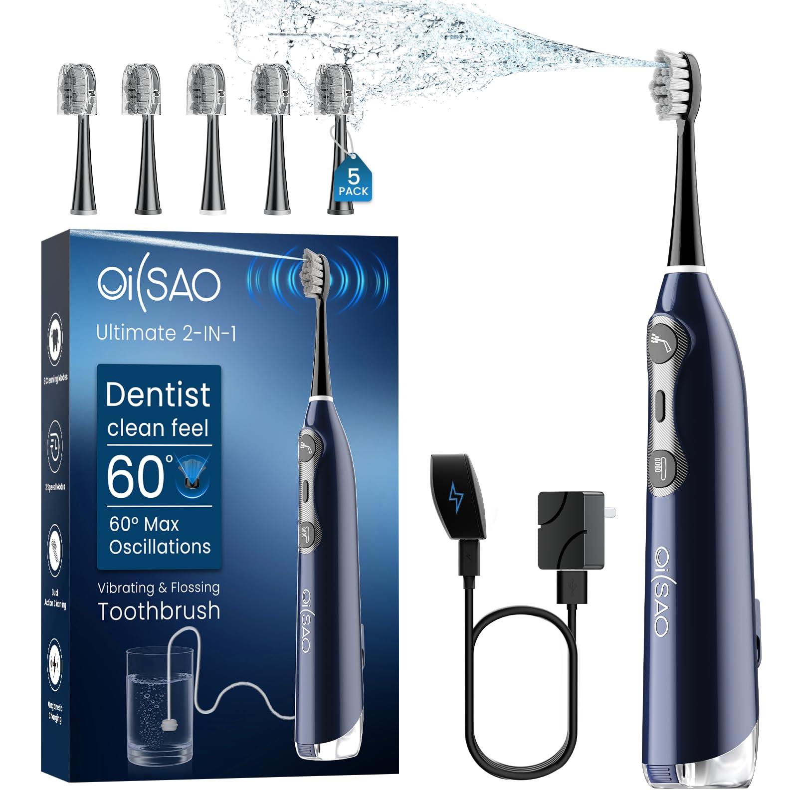 Photo 1 of 3-in-1 Upgraded Pro Flossing Toothbrush-Flosses, Vibrates and Oscillates(The 1st Tech), Electric Toothbrush with Water Flosser Equipe 5 Brush Heads, Plaque Removal for Sensitivity, Braces-Blue