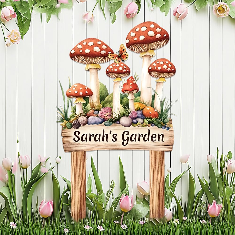 Personalized Mushroom Garden Signs with Stake,Custom Flowers Metal Sign Welcome Plaque for Outside,Customized Butterfly Decor for Birthday Housewarming Gift,Gardening Ornaments for Lawn Yard Outdoor