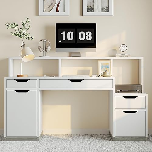 58 Inch White Desk with Drawers & File Storage Cabinet, Computer Desk with Monitor Stand, 4 Drawers & printer shelf, Home Office Desk with File Drawer for Bedroom, Writing Study, Small Spaces