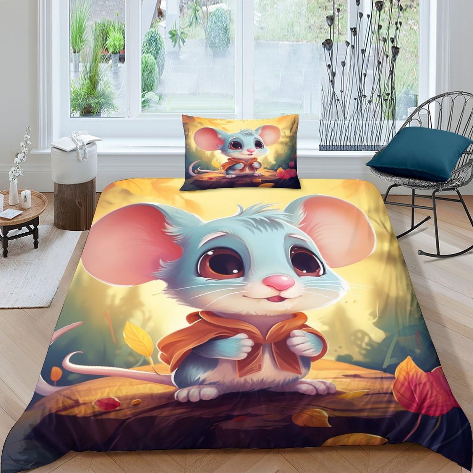 Ensemble de literie microfibre souris avec housse de couette 135x200cm et taies