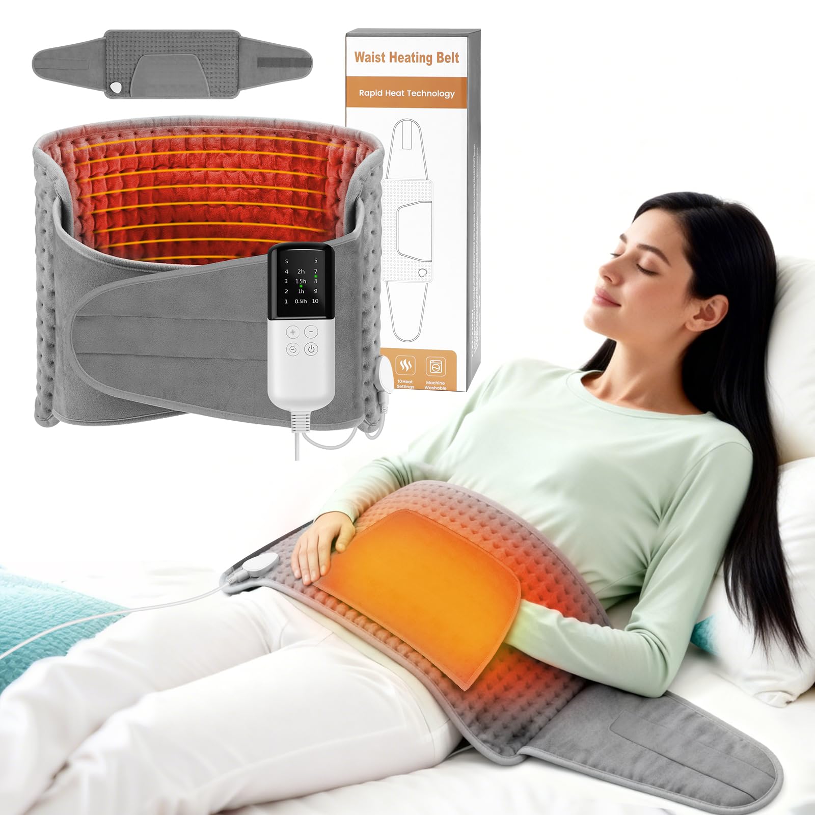 Coussin Chauffant Electrique 125x30cm,Ceinture Lombaire Chauffante,avec 4 Réglages de Minuterie, 10 Température,Pour Dos Cervicales Abdomen,Lavable en Machine